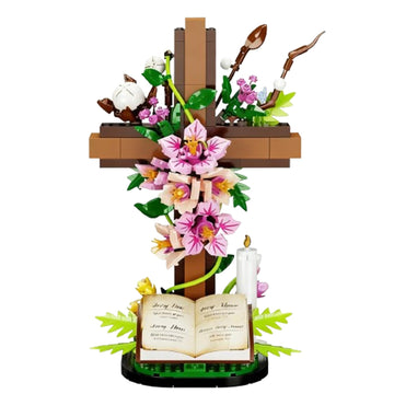 SHAIMIOU The Cross Flower Building Block Set,Faithful Blossoms DIY Plastic Bricks Religious Easter Resurrection Home Decor for Believer Adult