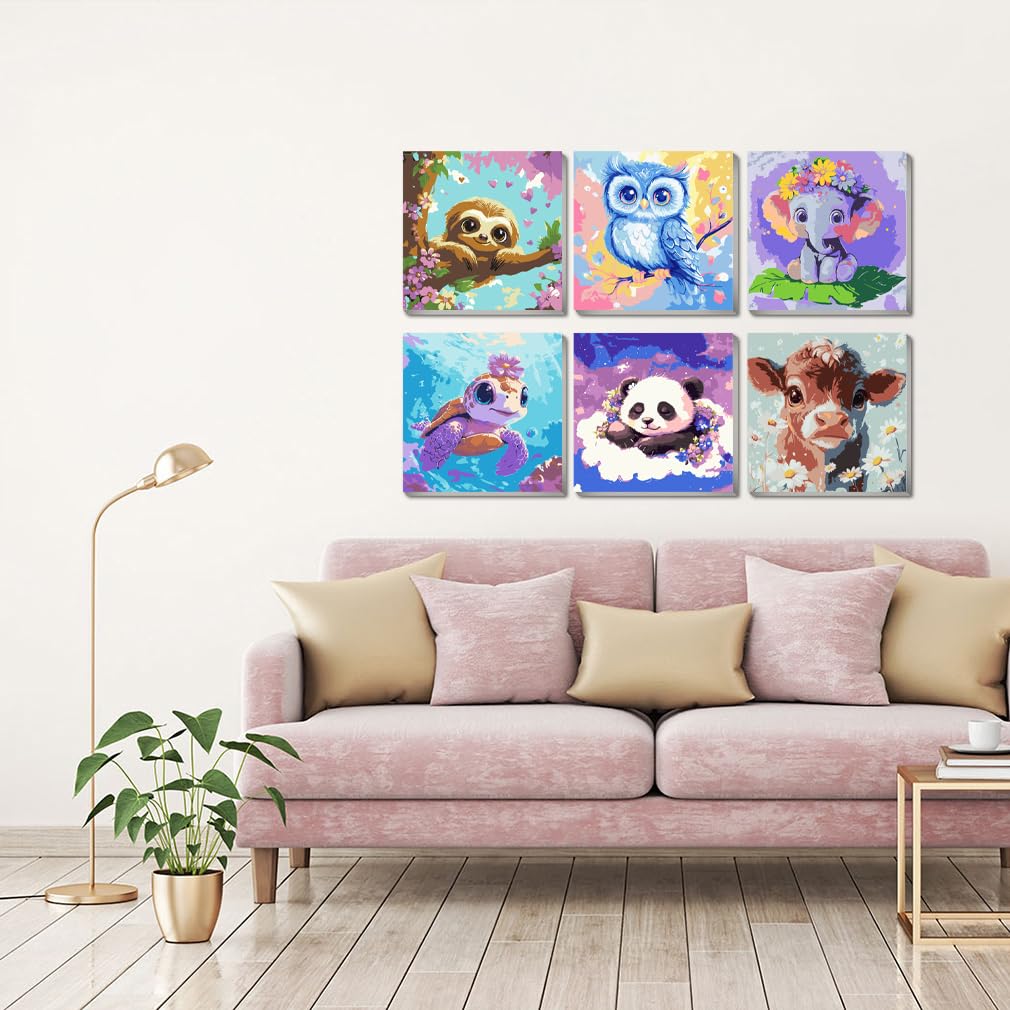 VividMeng 6 Pack Cartoon Paint by Numbers Kit for Kids Framed Canvas, Animals Paint by Number for Kids Ages 4-8-12, DIY Easy Acrylic Painting Kits