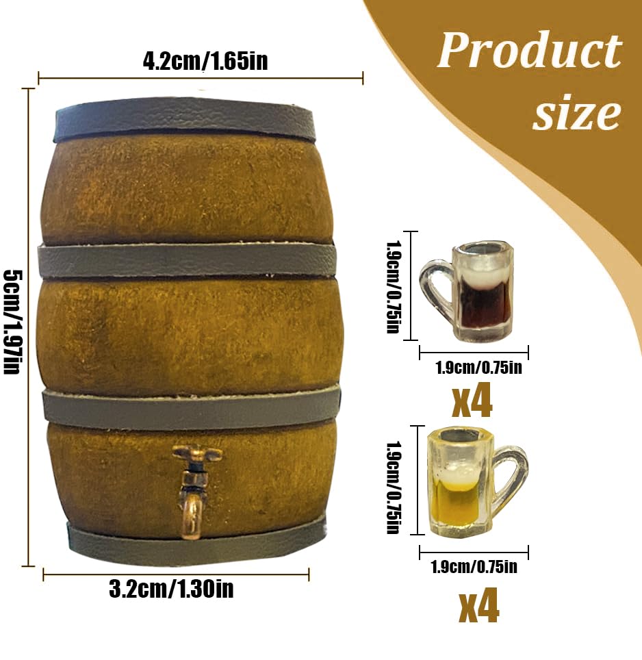 9Pcs Mini Beer Barrel Decor Miniature Wooden Figurine Wine Barrel Model with Faucet and Wine Glass Suitable for Fairy Garden Bar Doll House Decoration