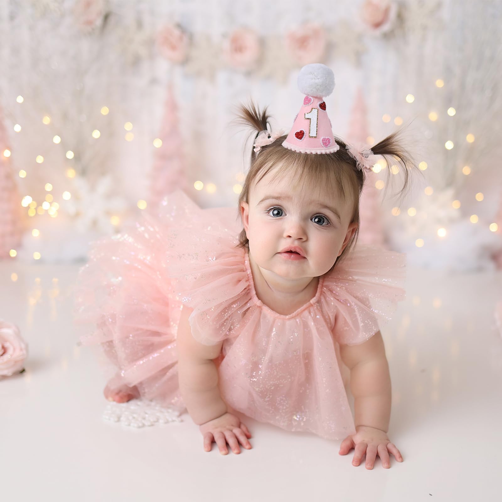 YOUAME Pink Heart Party Hat - Girls 1st Valentine Birthday Party Decorations,Love Day Cone Hat,1st Year Party Decors, One Birthday Crown Outfit