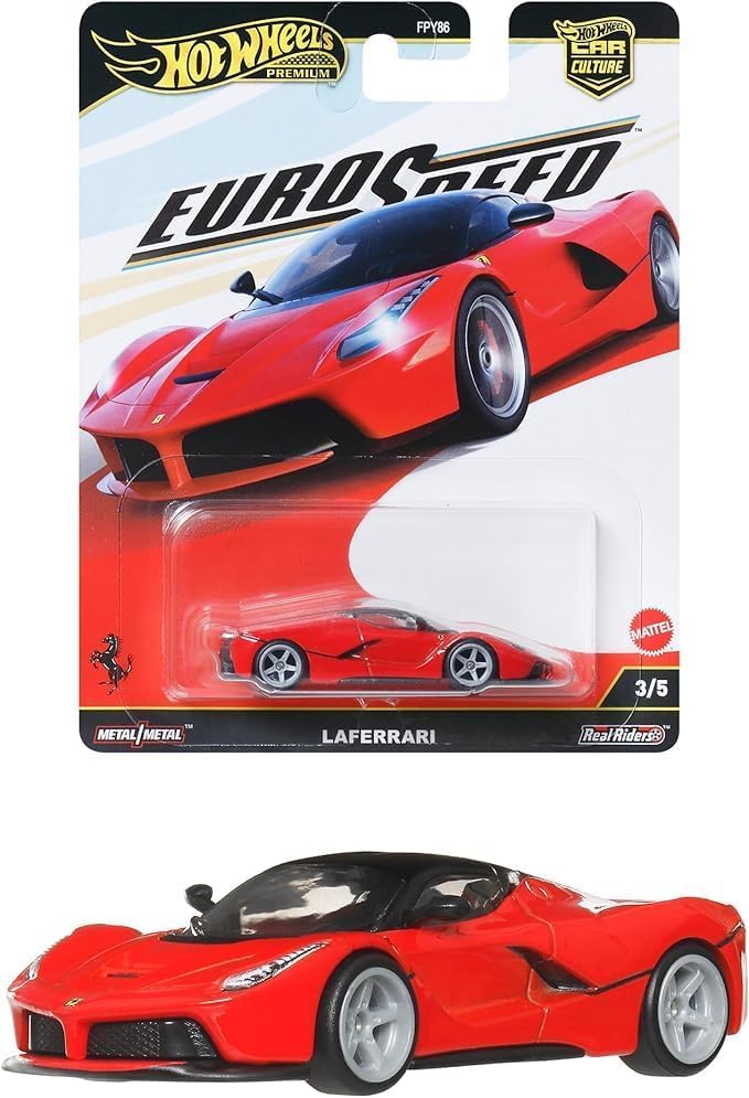 Hot Wheels Red Ferrari LaFerrari Euro Speed Car Culture Series 1:64 Scale Collectible Die Cast Metal Toy Car Model with Rubber Real Riders 3/5