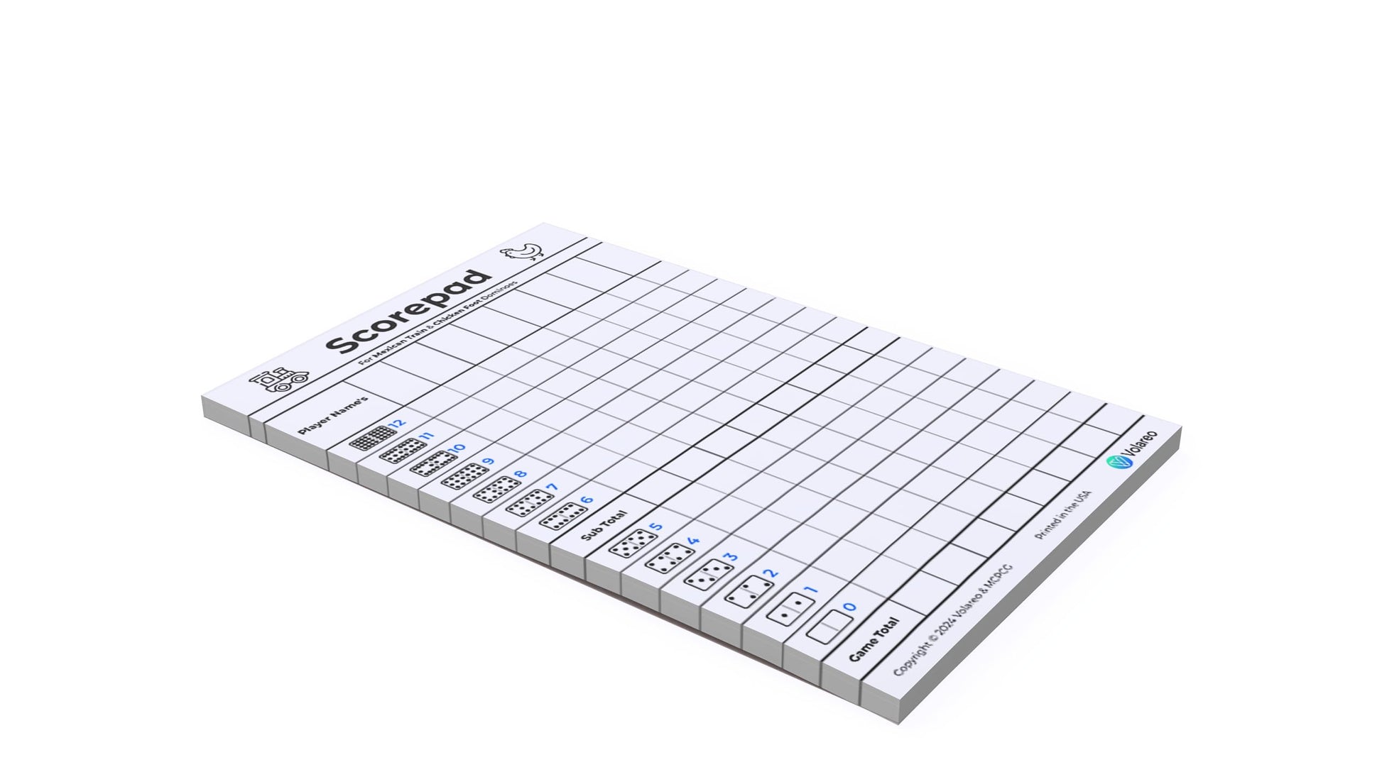 Volareo Mexican Train and Chicken Foot Dominoes Score Pad - 100 Scoring Sheets per Scorepad, 8.5 x 5.5 Inches - Score Sheets for Double 12 Domino