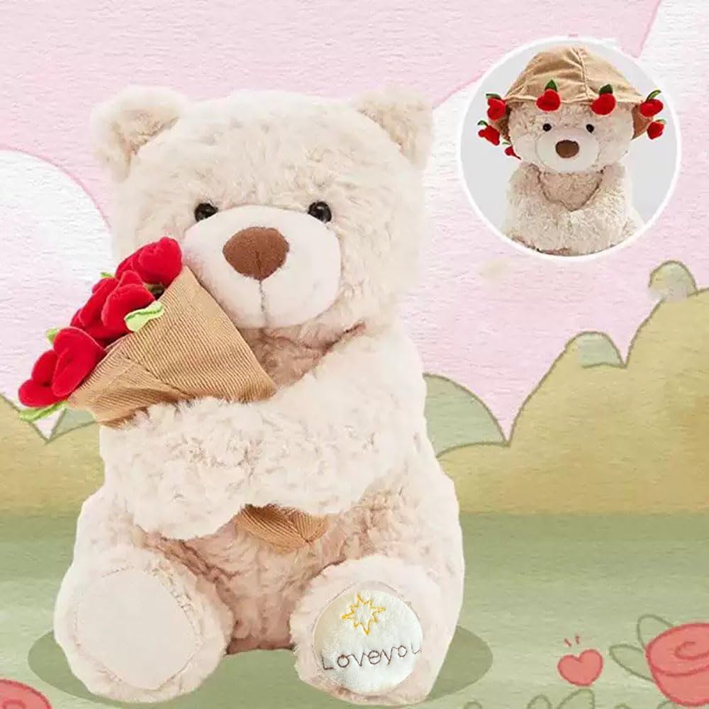 YUKOUQIAN Teddy Bear Stuffed Animal Cute Flower Plush Doll Toy 8 inch for Girls Boys Christmas(Bear hat Flower)