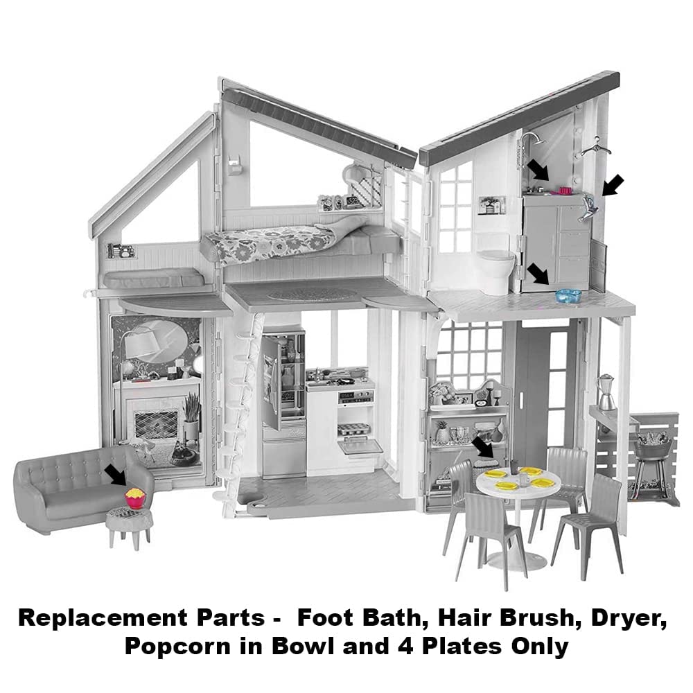 Mattel Replacement Barbie Size Foot Bath, Hair Brush and Dryer, Popcorn in Bowl and 4 Plates for Barbie Malibu Dollhouse Playset - FXG57, Yellow,