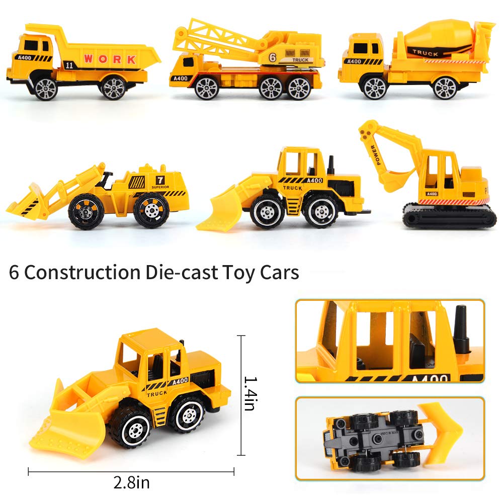 25 Pack Transport Construction Airplane Toy Play Vehicles Set for Kids Gifts, with 6 Construction Die-cast Toy Truck, 11 Road Signs-Suitable for 3 4 5