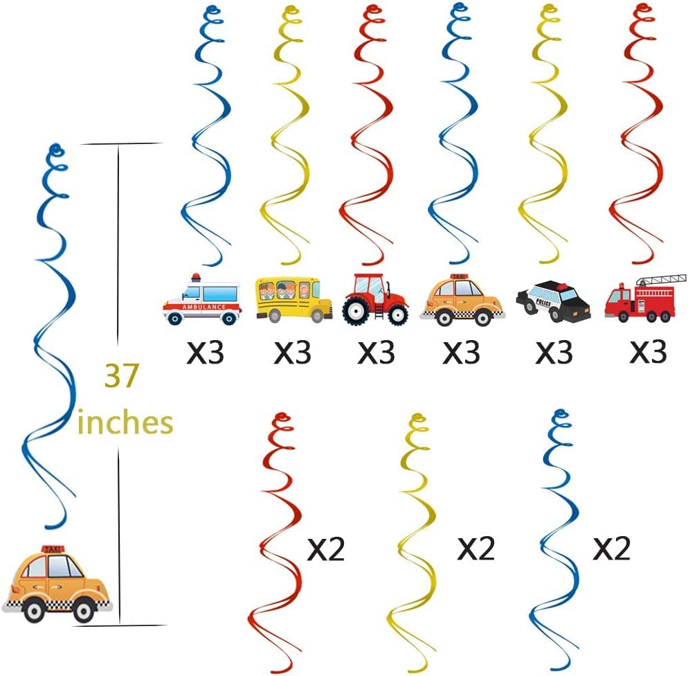 Transportation Party Hanging Swirl Decorations - 30Ct Cars Theme Happy Birthday Banner Garland for Transportation Themed Birthday Baby Shower Party