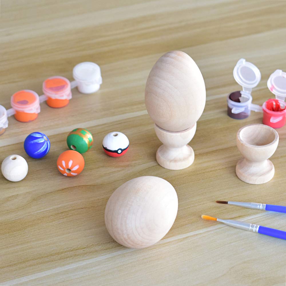 HOKPA Wood Eggs with Wooden Egg Cup Holders, Unpainted Craft Eggs, 6 Cups and Smooth Eggs in a Pack, Display DIY Easter Halloween Decor (14pcs)