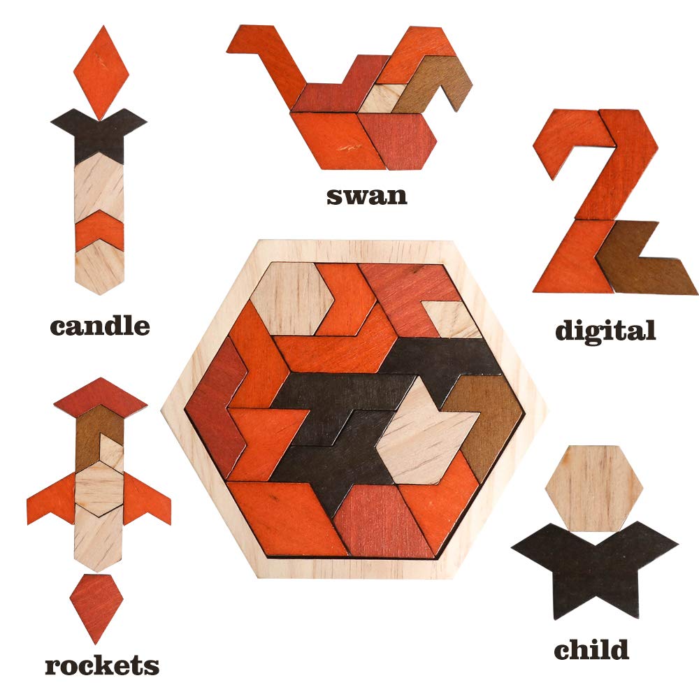 Skrtuan Wooden Puzzle Hexagon Tangram Puzzle for Kids Adults Brain Teasers Puzzles Game Challenge Toy Shape Pattern Block Tangram Family Portable