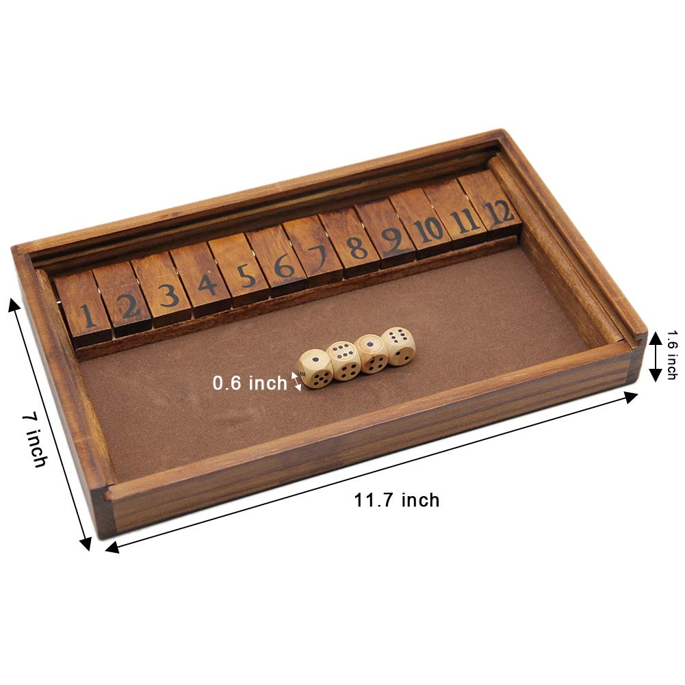 Juegoal Shut The Box Wooden Board Dice Game with 12 Numbers and Lid for Kids Adults Families, 2 Players and Up