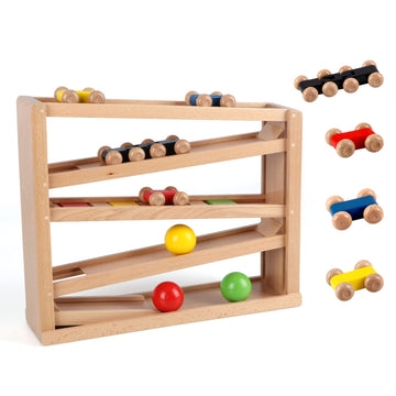 Qilay Wooden Race Track Car Ramp Racer Toy for Toddlers, 5 Level Race Car Ramp Toy Set Includes 4 Wood Cars and 3 Balls,Great Building Learning Toys