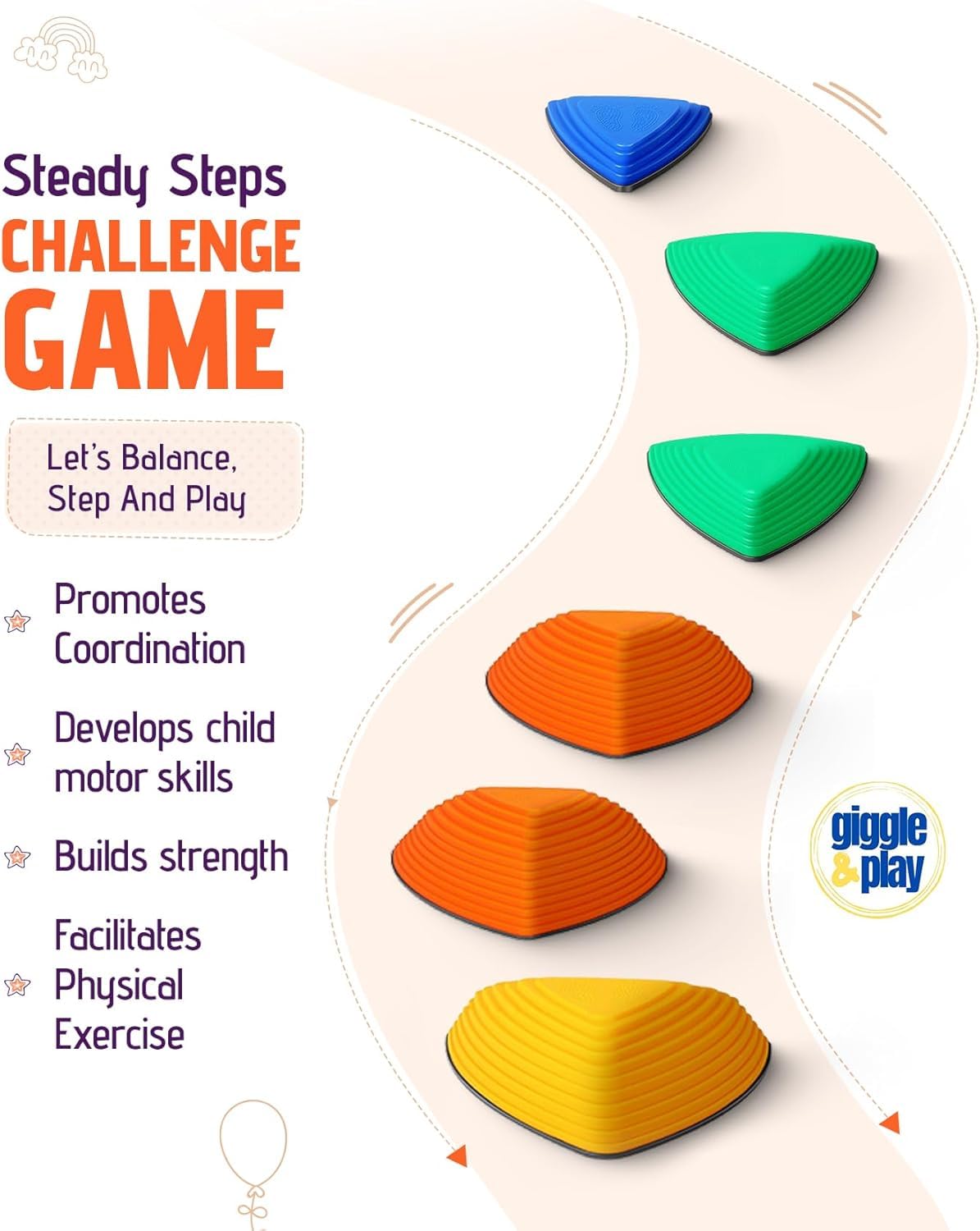 Giggle & Play Stepping Stones For Kids, Set Of 12 Montessori Indoor & Outdoor Sports Balance Stepping Stones, Promotes Coordination, Balance Strength