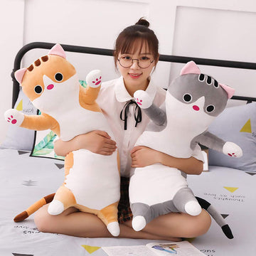 Jensquaify Cat Plush Hugging Pillow, Cat Stuffed Animals Soft Kitten Plush Long Body Pillow Toy Gifts for Kids (Gray, 27.55 inch)