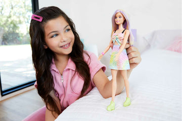 Barbie Fashionistas Doll #190 with Purple-Streaked Blonde Hair, Romper Dress, Yellow Wedge Sneakers & Bracelet Accessory