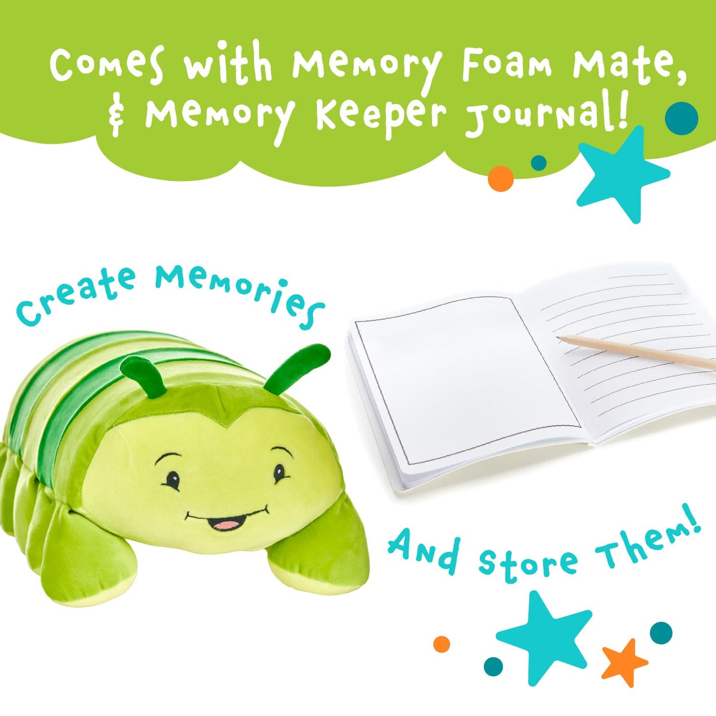 MEMORY MATES Charlie the Caterpillar Memory Foam Pillow Plush with Kid's Diary that Stores in Belly Pocket, 15” Stuffed Animal, 6" Journal