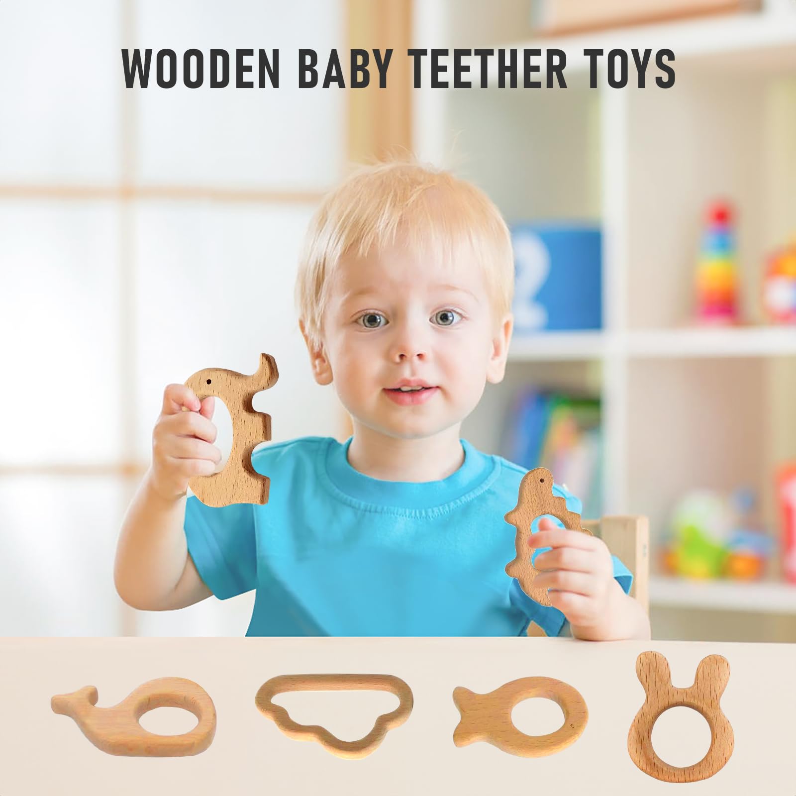 OSTTRPO 12-Pcs Baby Teether Toys,Wooden Teethers for Babies - Wooden Animal Toys, Teething Rings, Toddler Chew Toys?Baby Teething Rings and Wooden