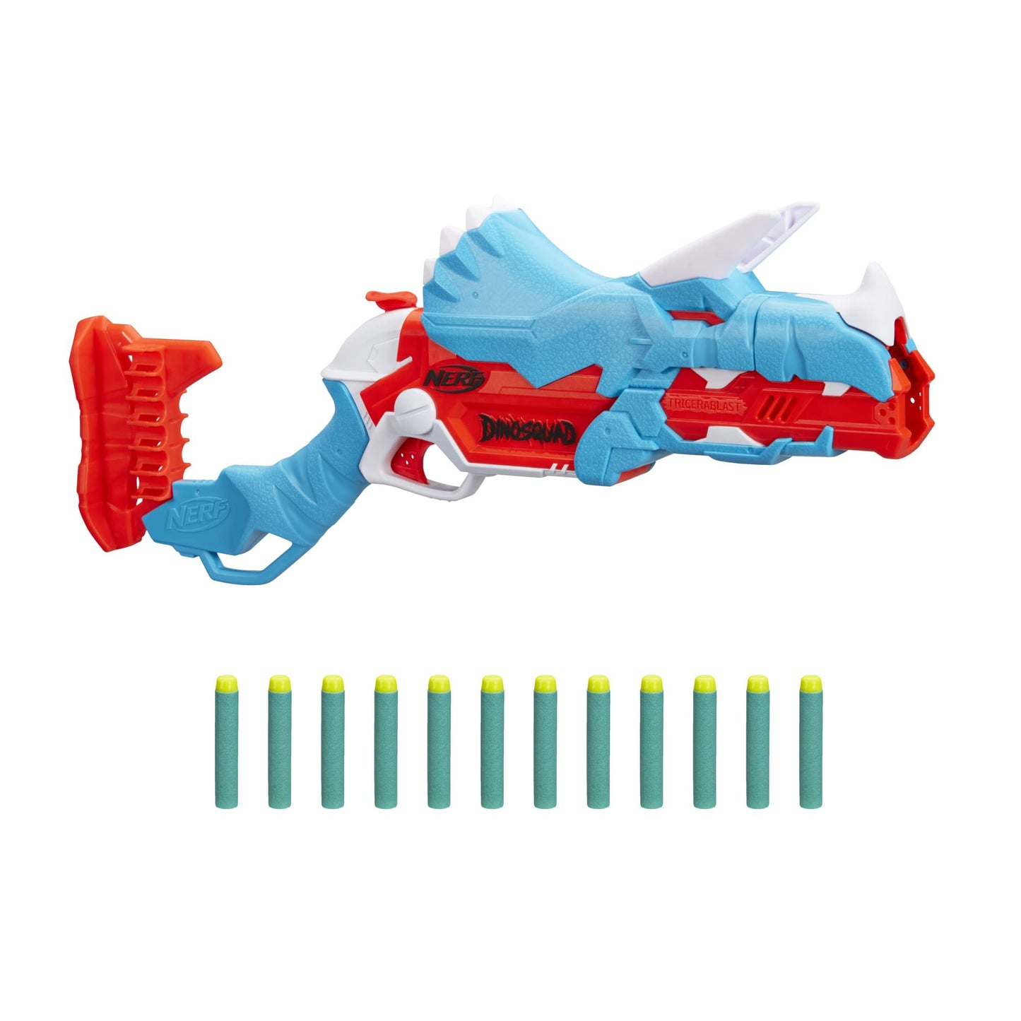 Nerf DinoSquad Tricera-Blast Dart Blaster, 12 Official Nerf Darts, Christmas Stocking Stuffers, Kids Outdoor Dinosaur Toys for 8 Years and Up
