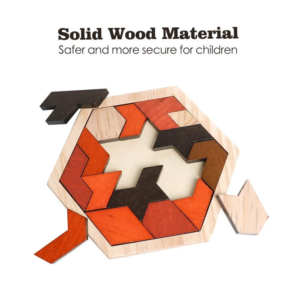 Skrtuan Wooden Puzzle Hexagon Tangram Puzzle for Kids Adults Brain Teasers Puzzles Game Challenge Toy Shape Pattern Block Tangram Family Portable