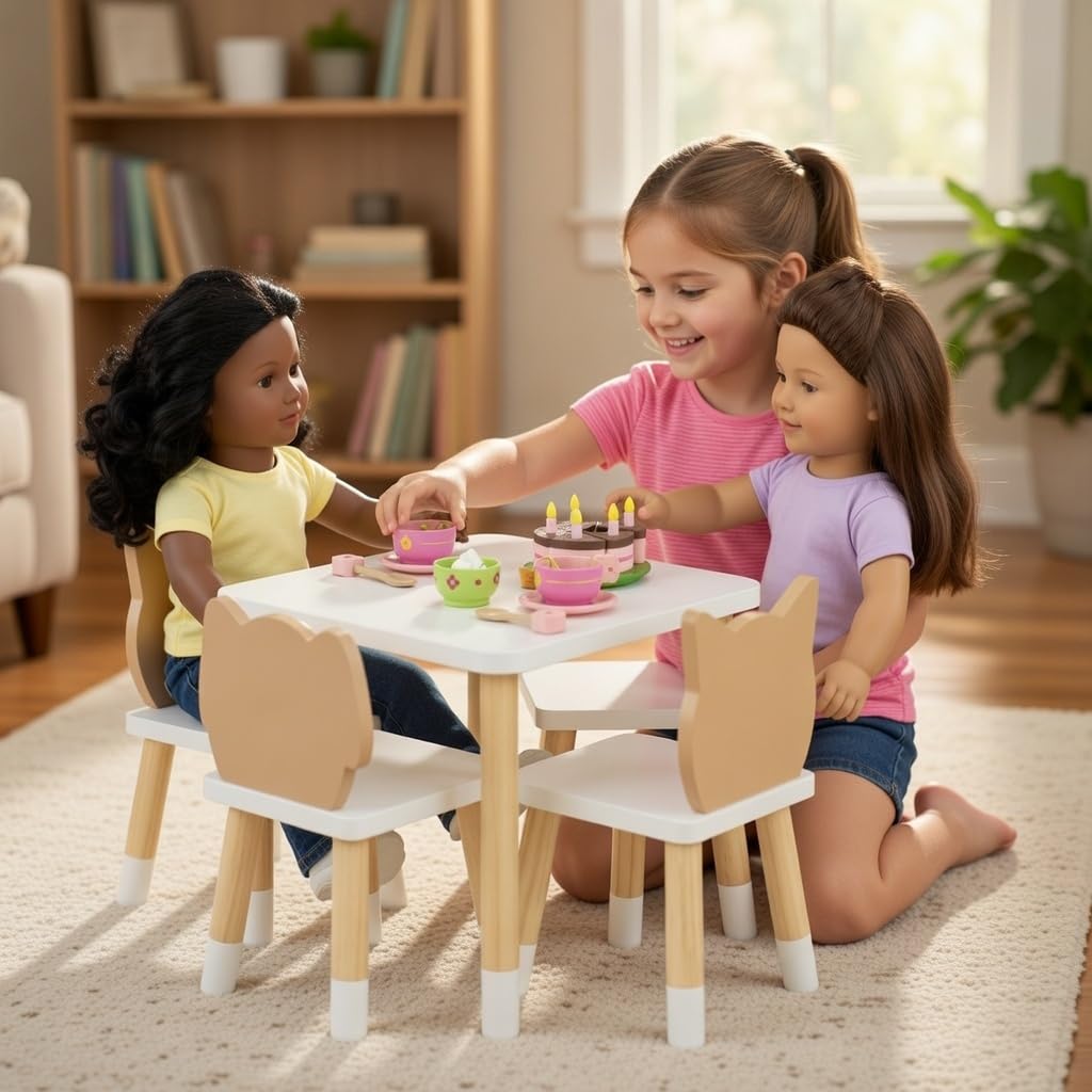 Emily Rose 18 Inch Doll Furniture Kitchen Table & 4 Animal Chairs Set - Rabbit Bear Puppy Kitten Theme, Easy Assembly Wooden 18" Doll Dining Set from