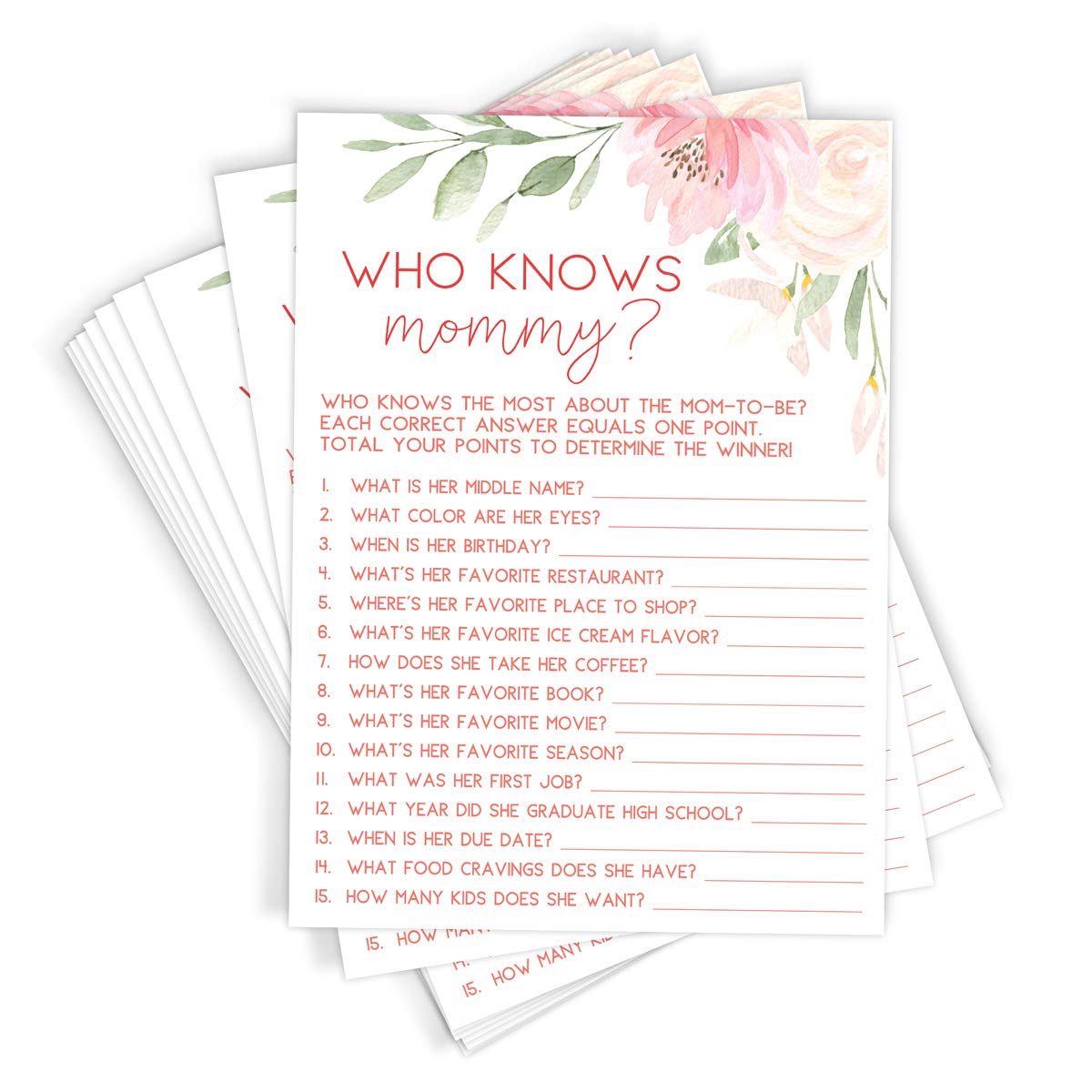 Printed Party Baby Shower Games - Who Knows Mommy Best Game for Girl, Baby in Bloom Floral Theme, 50 Cards