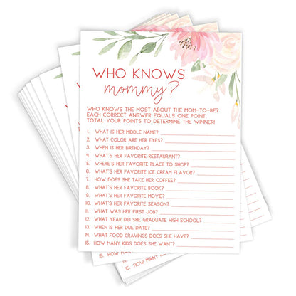 Printed Party Baby Shower Games - Who Knows Mommy Best Game for Girl, Baby in Bloom Floral Theme, 50 Cards