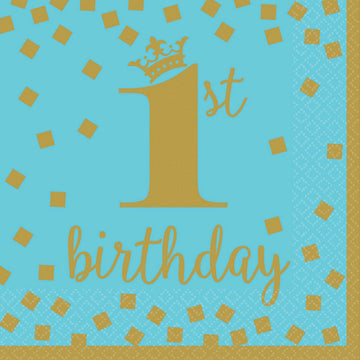Blue 1st Birthday Boy Luncheon Paper Napkins - 6.5" x 6.5" (Pack Of 16), Soft & Absorbent, Premium Quality & Adorable Design - Ideal For First