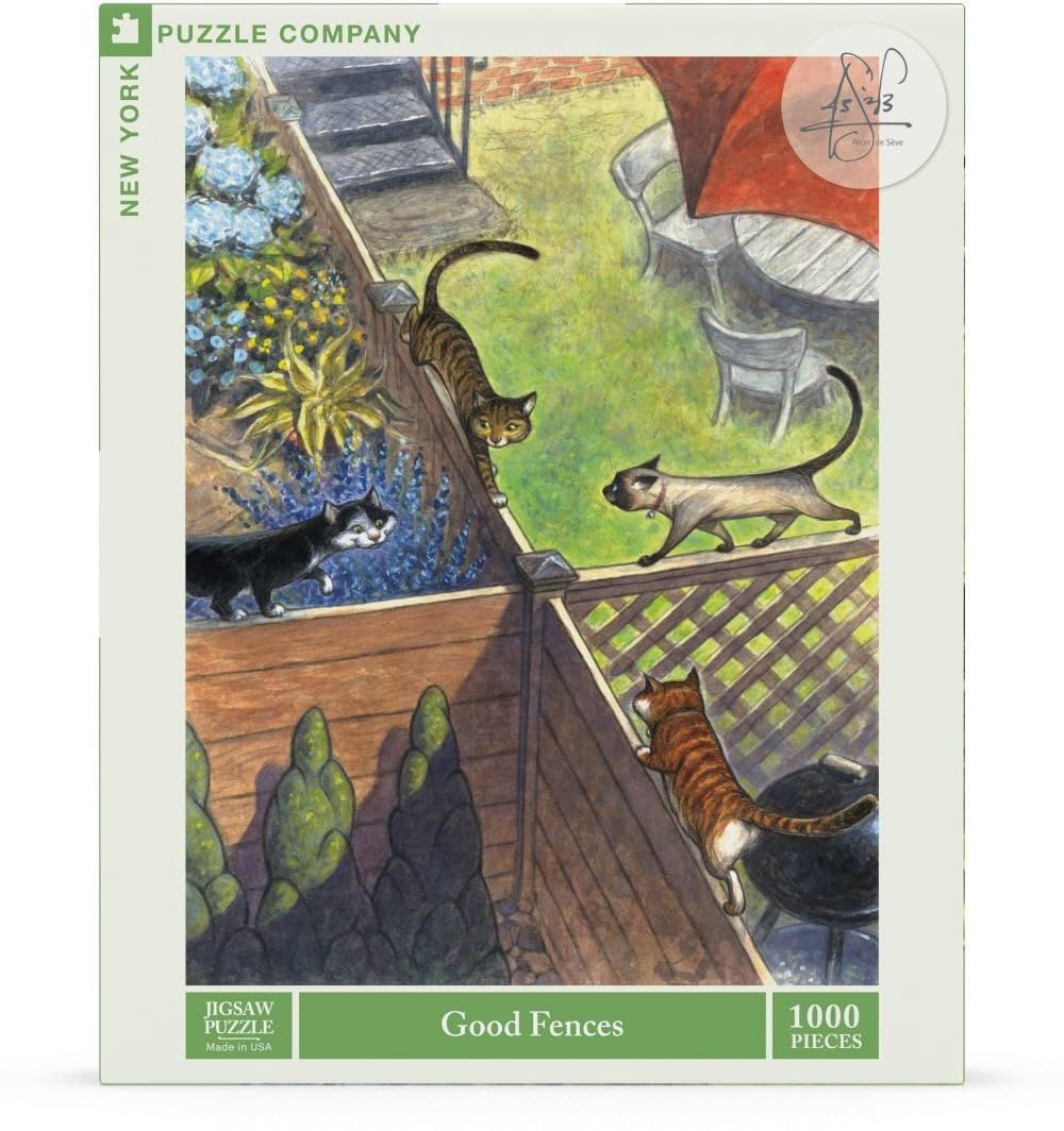 New York Puzzle Company - Peter de Sève Good Fences - 1000 Cat Piece Jigsaw Puzzle by Peter de Sève