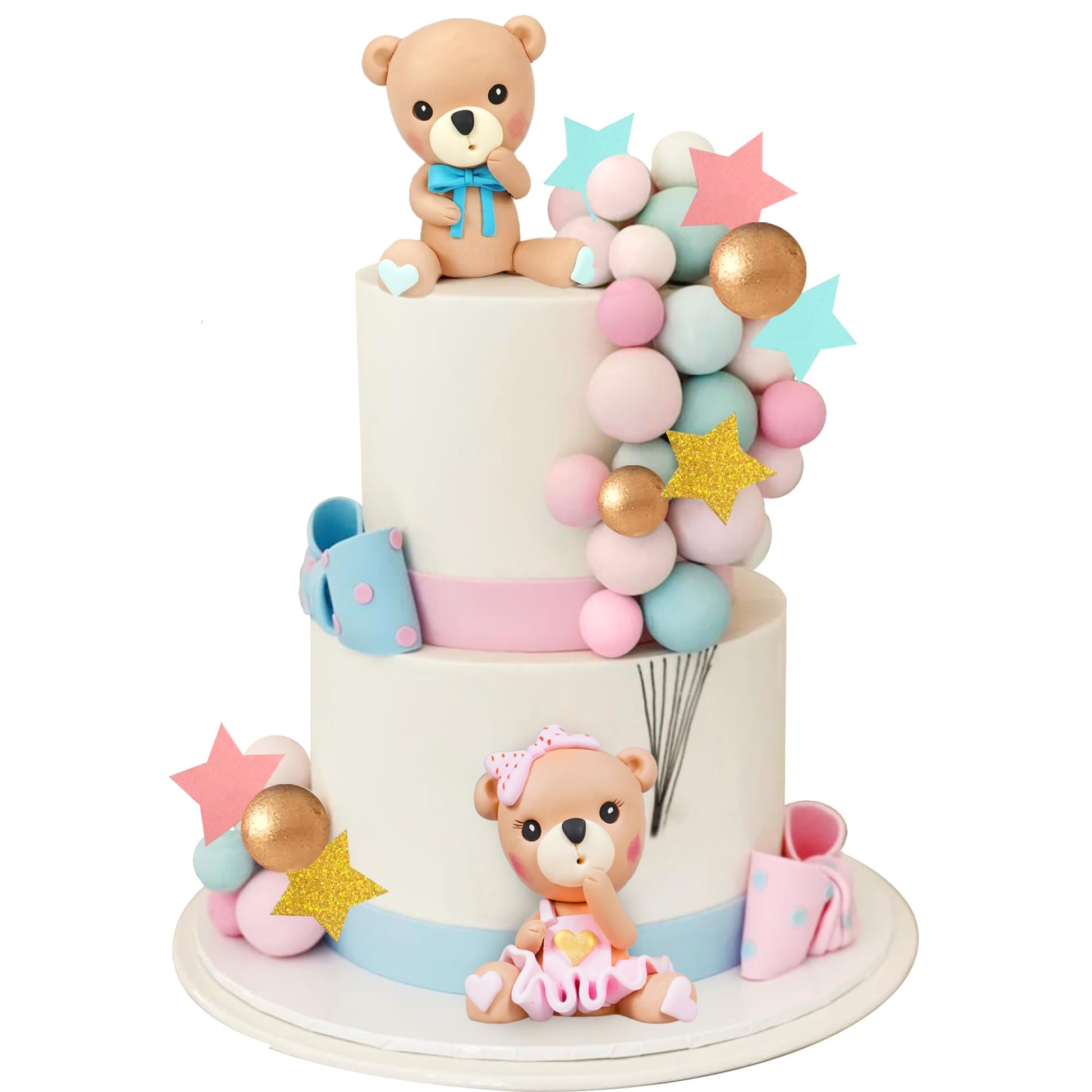 Bear Cake Toppers Pink Blue Bear Figurine Cake Decorations Pearl Balls for Gender Reveal Birthday Bear Theme Supplies (01)