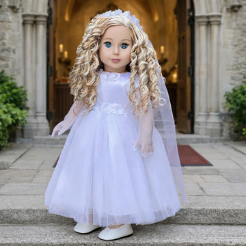 Little Angel - 5 Piece First Communion Outfit for 18 Inch Dolls - White Satin Dress, Long Veil, Crown, Gloves & White Shoes - Complete Doll Communion