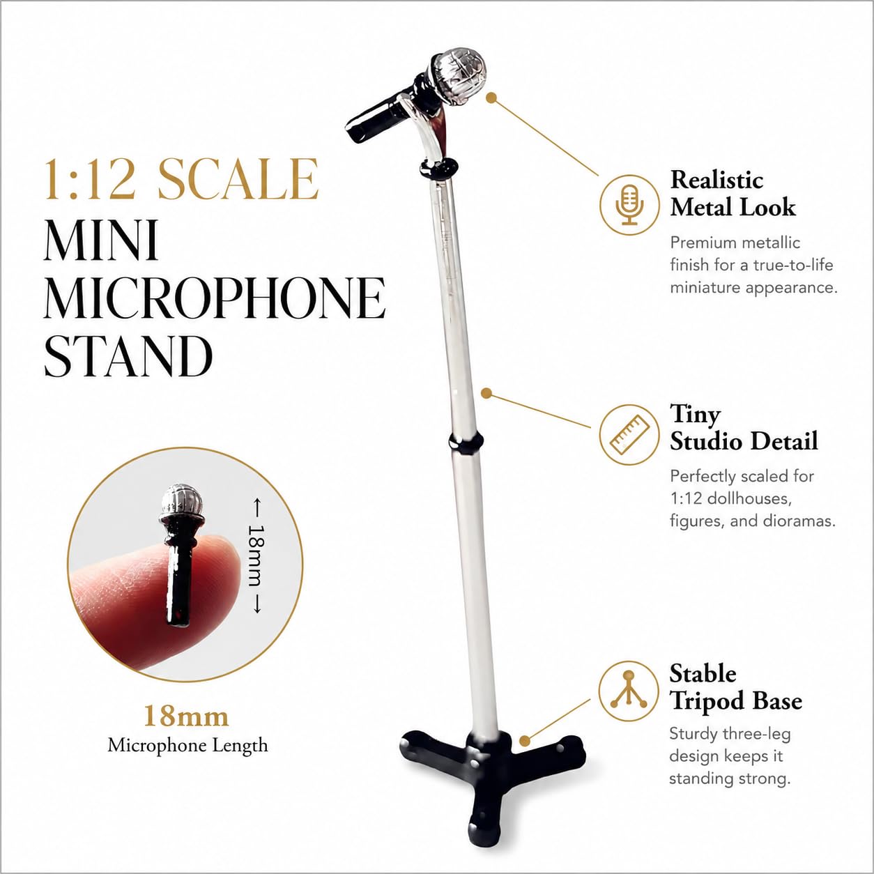 1/12 Scale Dollhouse Miniature Metal Microphone Stand, Adjustable Studio Recording Equipment for Music Room, Realistic Miniature Decor Accessories