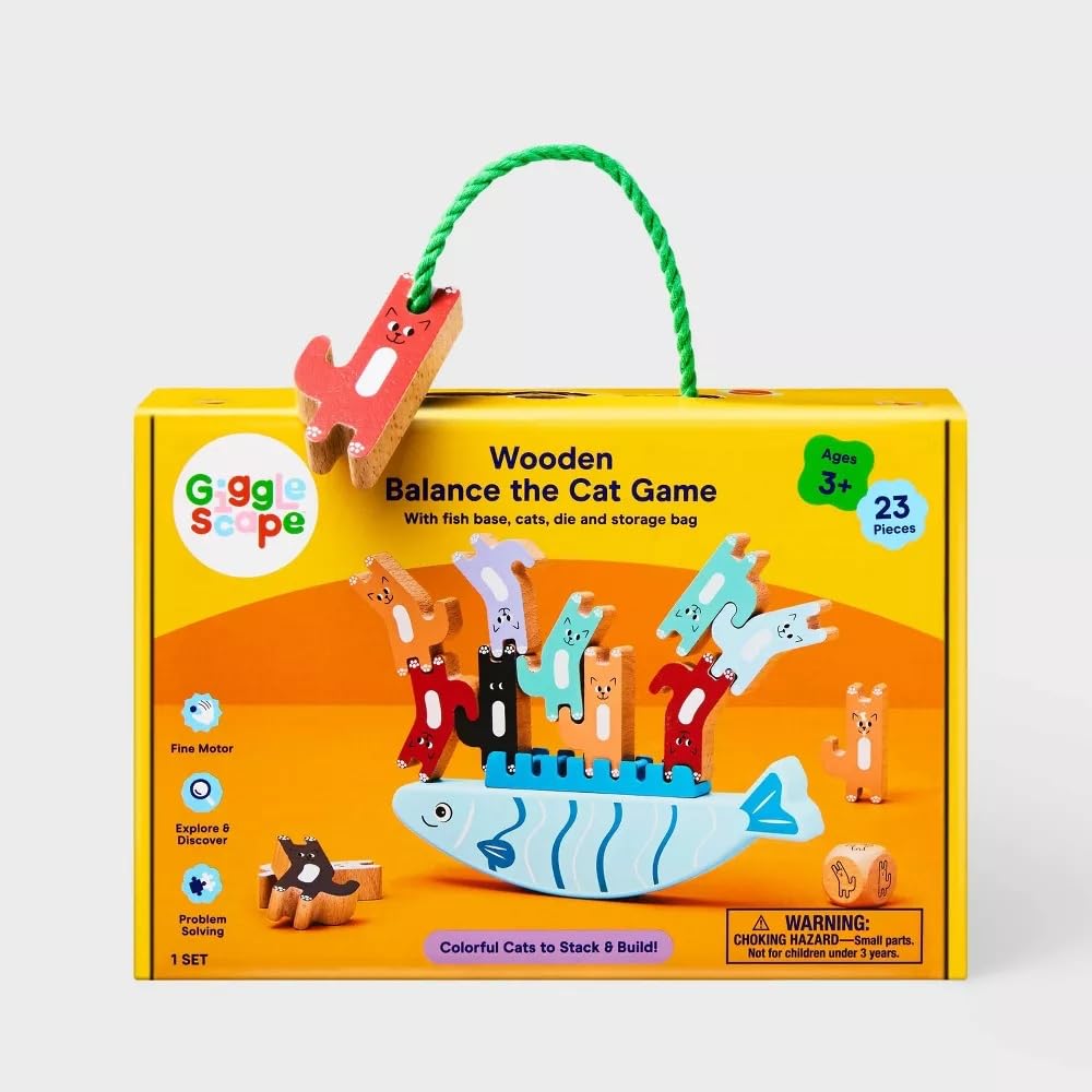 Gigglescape Wooden Balance The Cat Game - 23-Piece Stacking Toy with Fish Base, Colorful Cats, Wooden Die & Storage Bag - Fine Motor Skill Builder