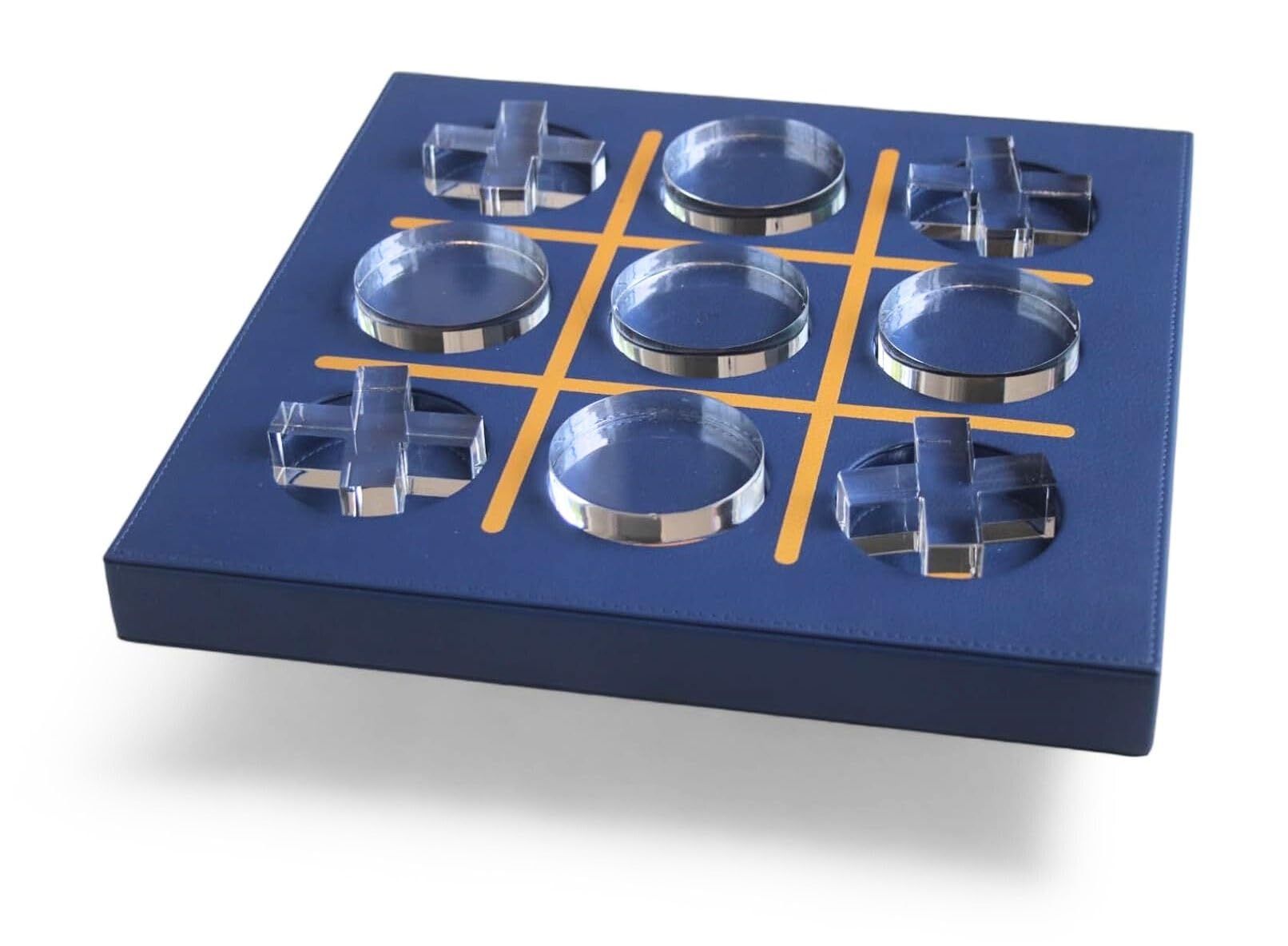 Modern Tic Tac Toe for Home Decoration with Blue Leather and Acrylic Pieces Decorative Table Top Housewarming Gift