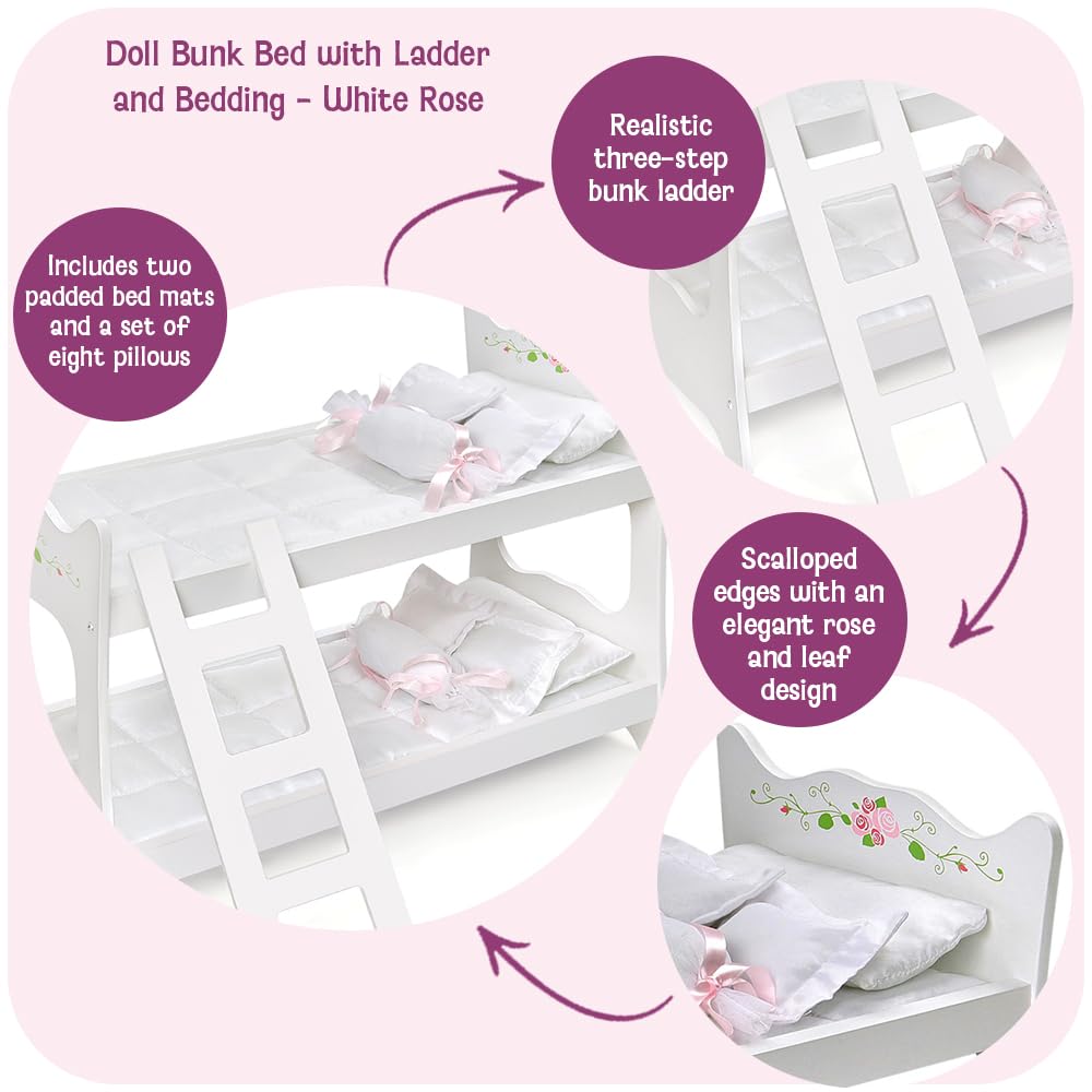 Badger Basket Doll Bunk Bed with Ladder and Bedding - Stylish White & Rose Design for 18 to 20-Inch Dolls with Pillows and Blankets