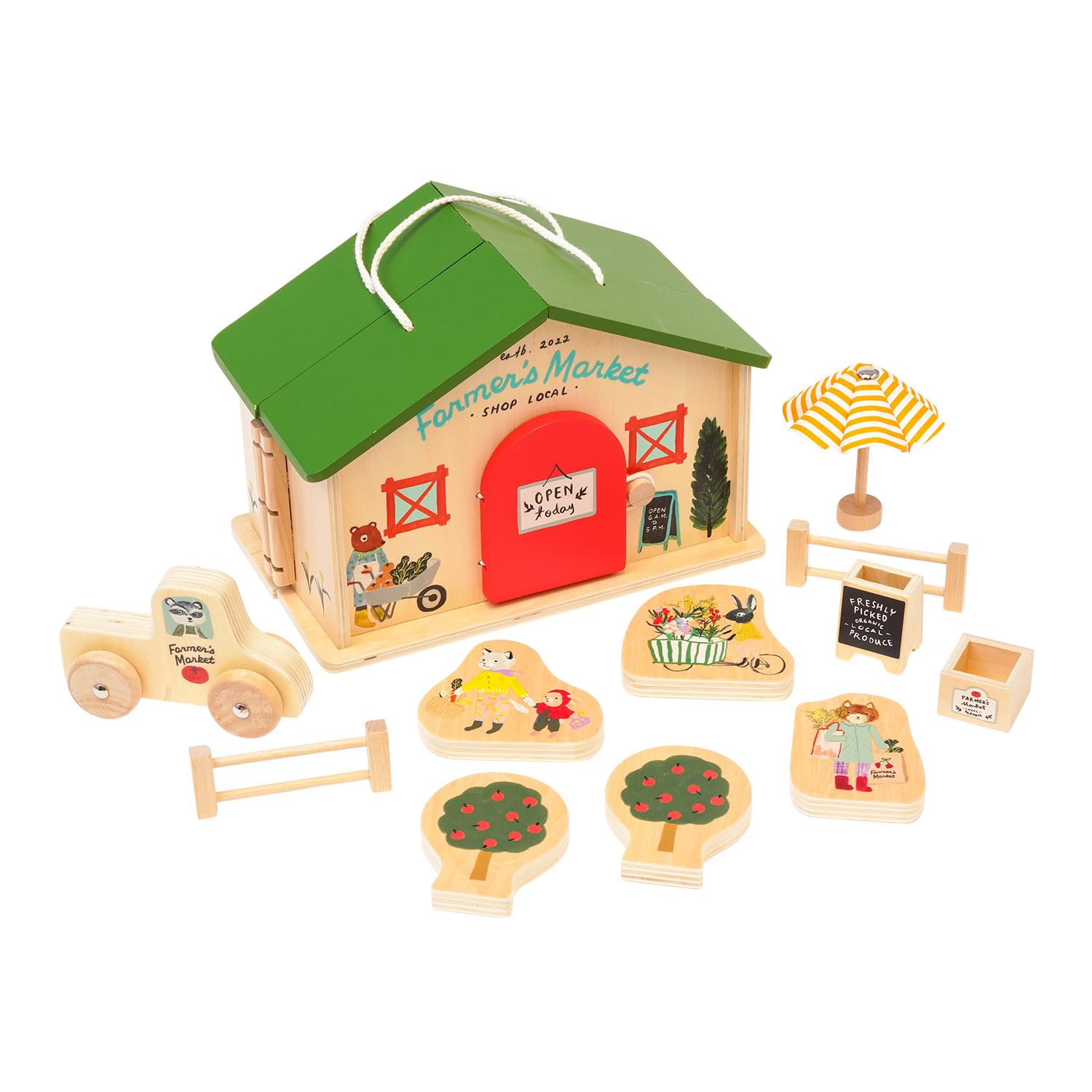 Manhattan Toy Farmer’s Market Day 12-Piece Portable Wooden Toy Figure Pretend Shopping Playset