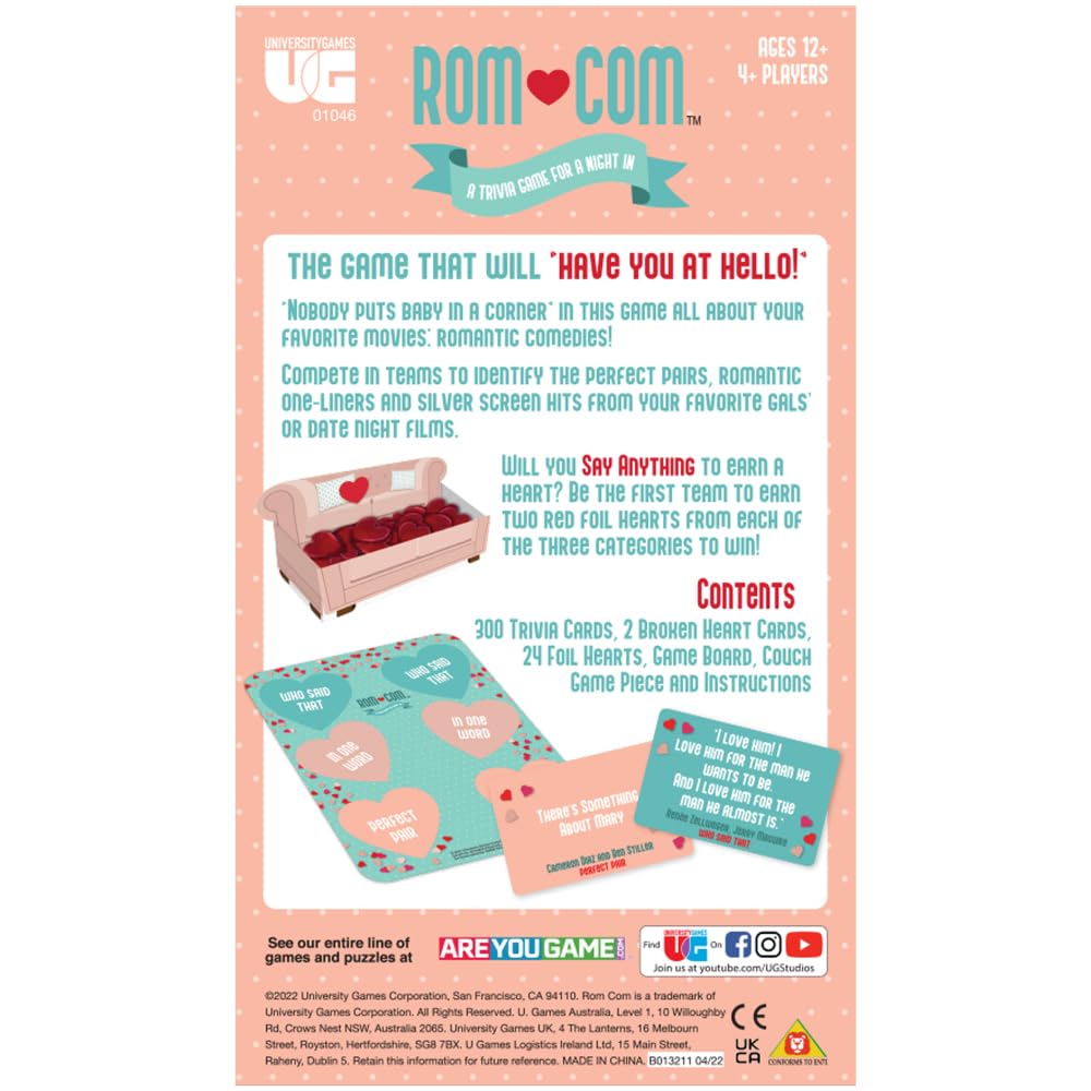 ROM Com Team Trivia Game by University Games, Perfect for Date Nights Girls Nights and Party Game Night, for Ages 12 and Up and 4 or More Players