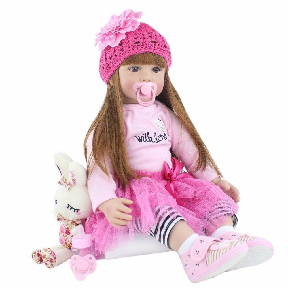 Angelbaby Adorable Reborn Toddler Doll Soft Body Real Life Long Hair Princess Hair, 24inch Handmade Silicone Reborn Baby Doll Sets and Doll Clothes