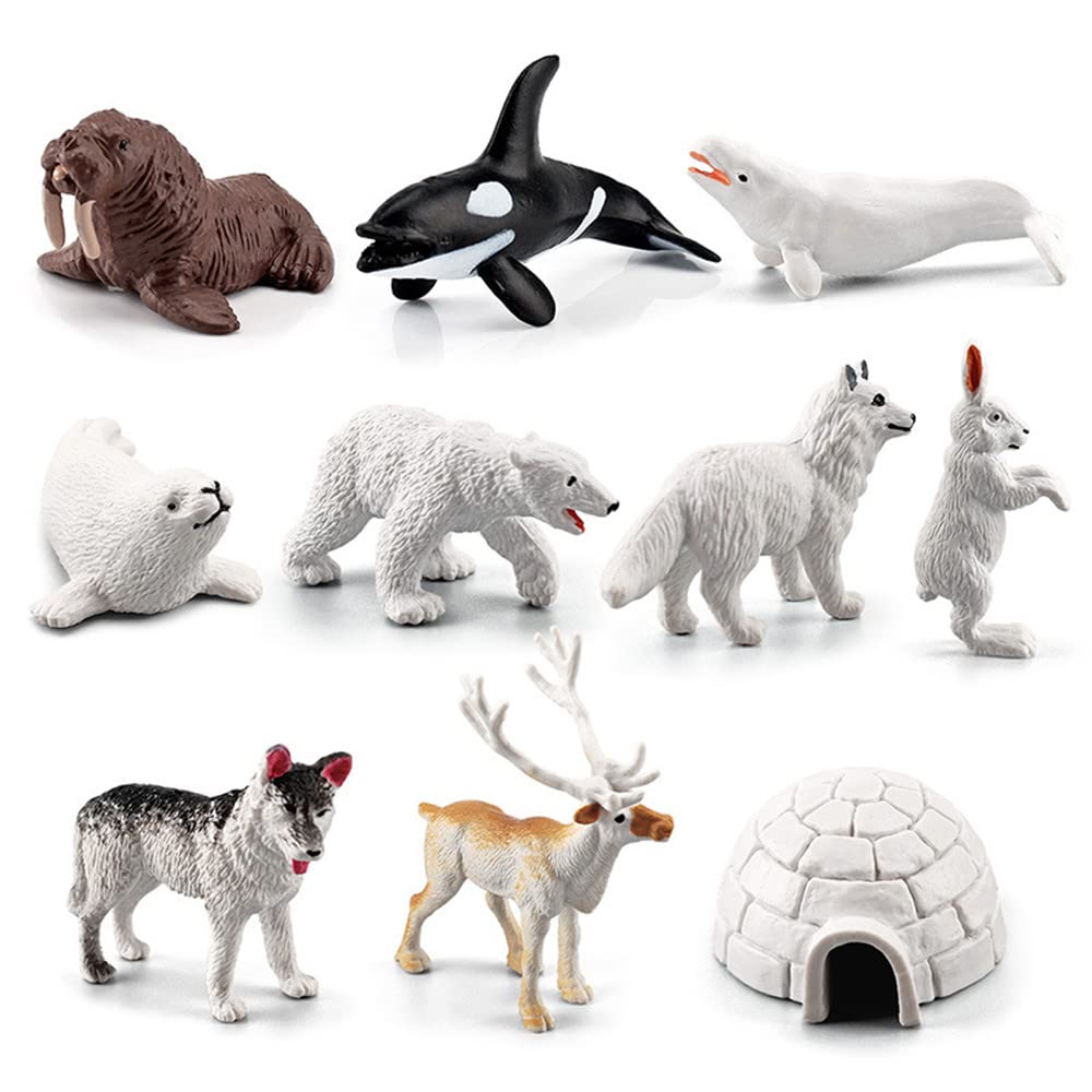 NatureMan Mini Arctic Animals Toys Set 10PCS Polar Animal Figurines Toy PlaysetIncludes Polar Bear Seal Reindeer Wolf Rabbit Arctic Fox Igloo