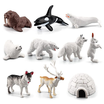 NatureMan Mini Arctic Animals Toys Set 10PCS Polar Animal Figurines Toy PlaysetIncludes Polar Bear Seal Reindeer Wolf Rabbit Arctic Fox Igloo
