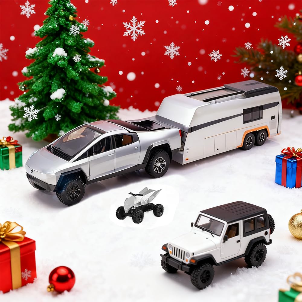 RCOOS Toy Car Alloy Truck Set with Trailer and Motorcycle Cyberpickup Toy with Sound and Light Effect Pull Back Vehicle RV Toy EV Model Ideal Gift