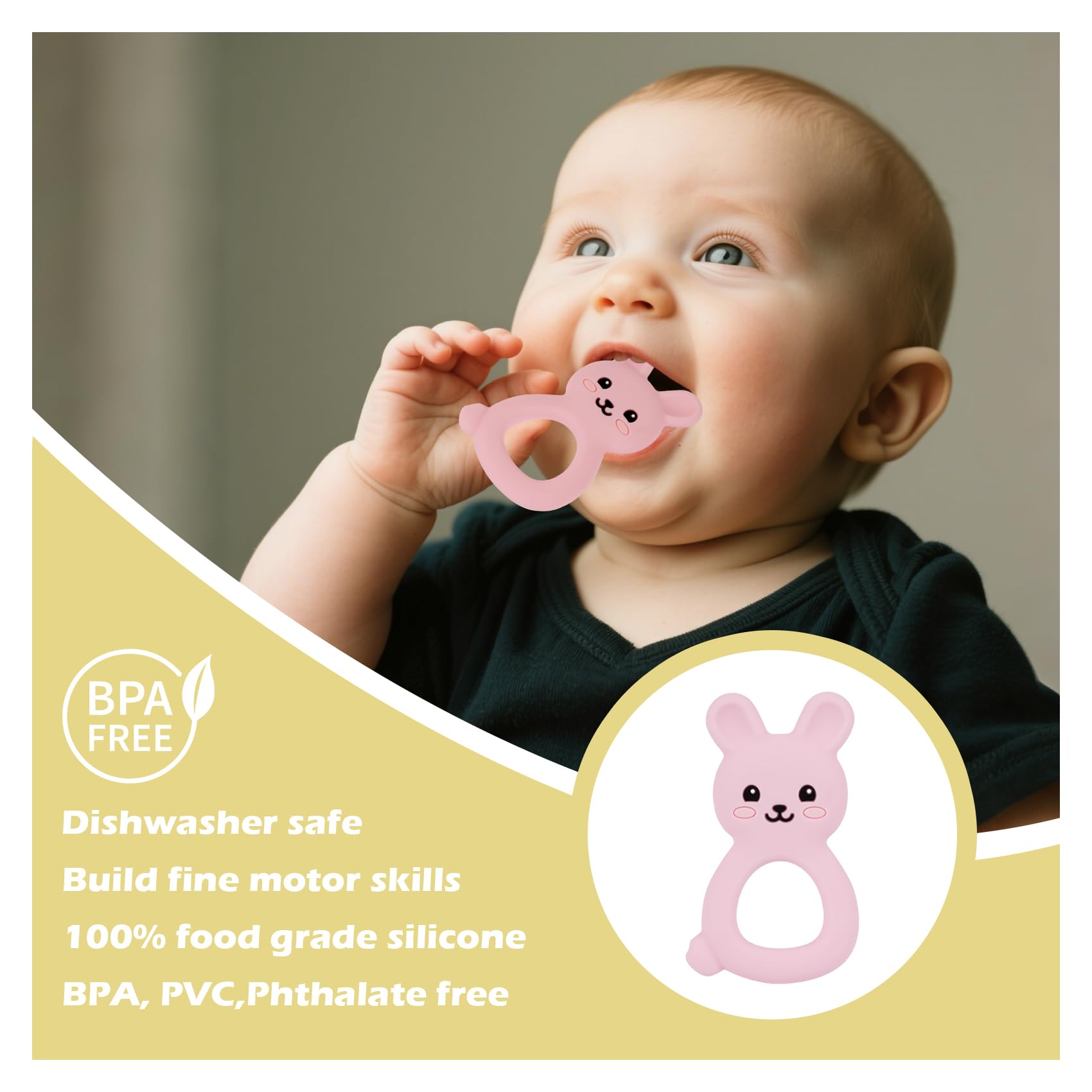 Baby Bunny Teether, Food-Grade Silicone Toy for Infants 3-12 Months, Easy-Grip Chew Toy with Textured Ears for Sensory Exploration, Freezable