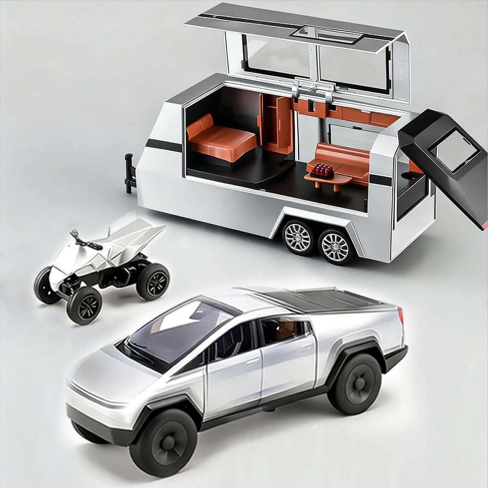 Cyber Style Truck Alloy Diecast Toys with Metal Trailer and Motorcycle Pull Back Pickup Model with Sound and Light Effect Race Car for Kid Adult Age