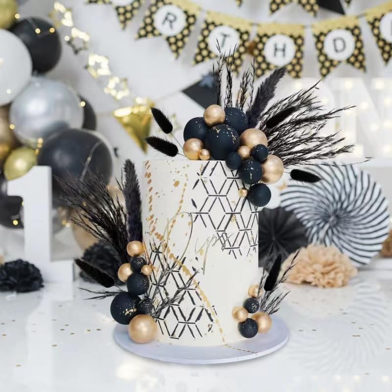 40 PCS Black Gold Cake Toppers Ball Cake Decoration Boho Bunny Tails Reed Grass Cake Decoration for Boho Wedding Birthday Baby Shower Party Cake