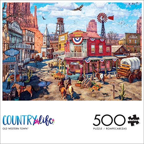 Buffalo Games Old Western Town - Dominic Davison - 500 Piece Jigsaw Puzzle for Adults - Challenging Vintage Western Art with Bonus Diagram - Country
