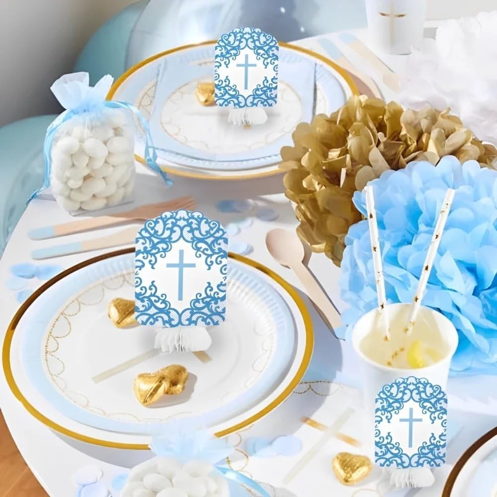 Fancy Blue Cross Honeycomb Decorations - 8" (Pack of 3) - Stunning Paper Party Decor for Baptism, Communion, and Religious Events
