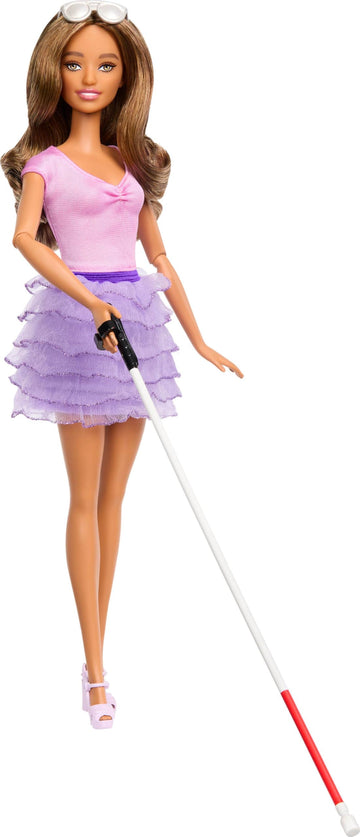 Barbie Fashionistas Doll #228, Blind Barbie Doll Wearing Pink Top and Ruffled Skirt with Cane and Sunglasses in Partnership with the American