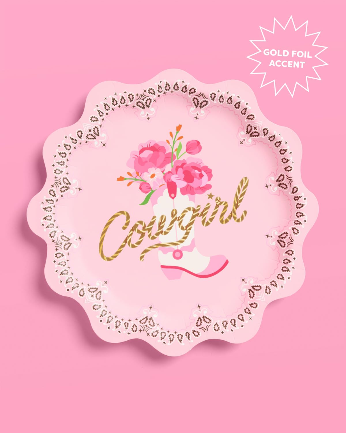 xo, Fetti Cowgirl Plates - 24 Paper Plates, 9" | Western Party, Cowgirl Theme, Bandana Birthday, Rodeo Bachelorette, Cowboy Decor, Pink, Gold Foil