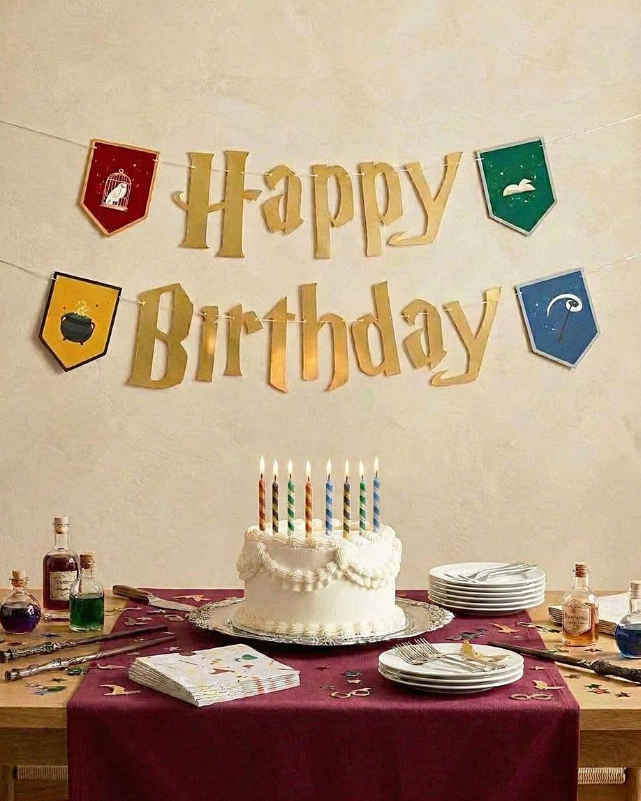 xo, Fetti Wizard Happy Birthday Banner Gold Foil 6.5ft | Kids Party Decor