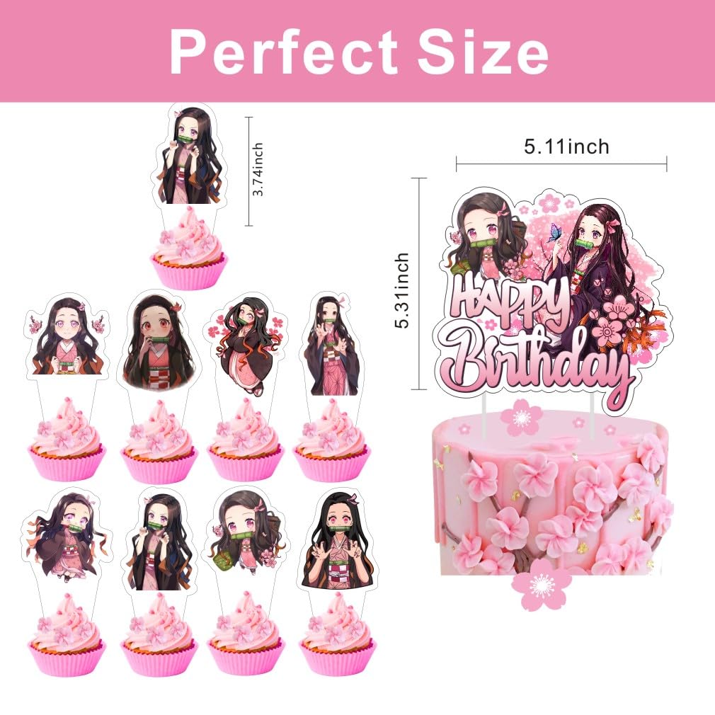 25pcs Nezuko Cake Decorations with 1pcs Cake Topper, 24pcs Cupcake Toppers for Demon Birthday Party Supplies