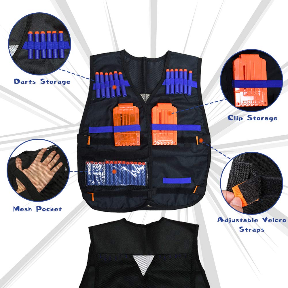 Kids Tactical Vest Kit for Nerf Guns N-Strike Elite Series with 40 Bullets Refill Darts, 2 Reload Clips, Dart Pouch, Tactical Masks, Hand Wrist Band
