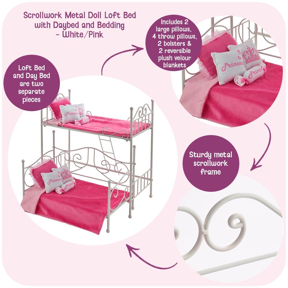Badger Basket Metal Doll Loft Bed with Daybed for 18 Inch Dolls - Includes Ladder, Bedding & Pillows