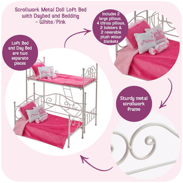 Badger Basket Metal Doll Loft Bed with Daybed for 18 Inch Dolls - Includes Ladder, Bedding & Pillows
